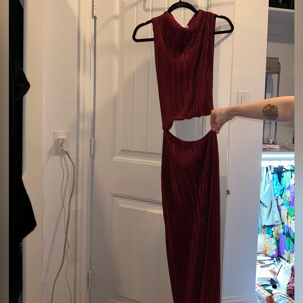 ASOS DESIGN plisse cutout detail maxi dress in burgundy